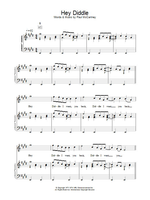 Wings Hey Diddle Sheet Music Notes & Chords for Piano, Vocal & Guitar (Right-Hand Melody) - Download or Print PDF