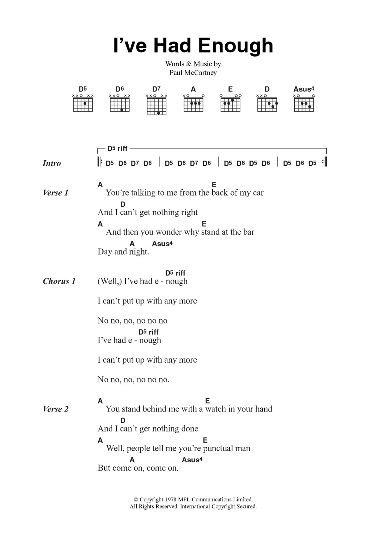 Wings I've Had Enough Sheet Music Notes & Chords for Guitar Chords/Lyrics - Download or Print PDF