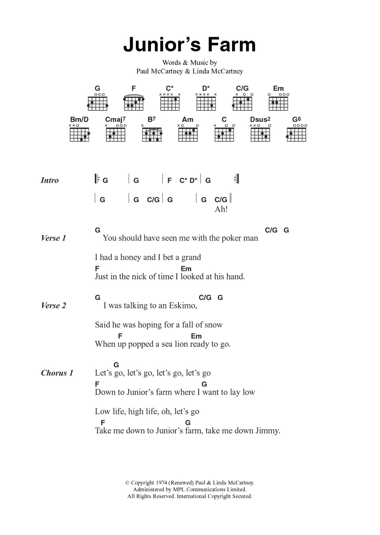 Wings Junior's Farm Sheet Music Notes & Chords for Guitar Chords/Lyrics - Download or Print PDF