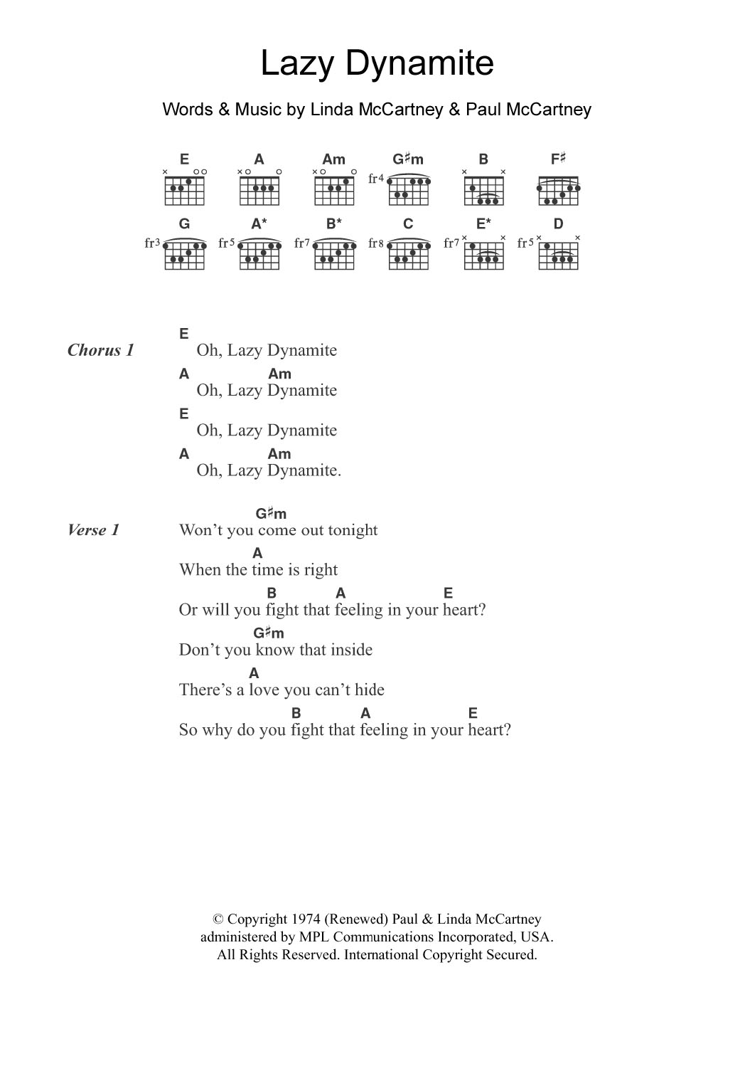 Wings Lazy Dynamite Sheet Music Notes & Chords for Guitar Chords/Lyrics - Download or Print PDF