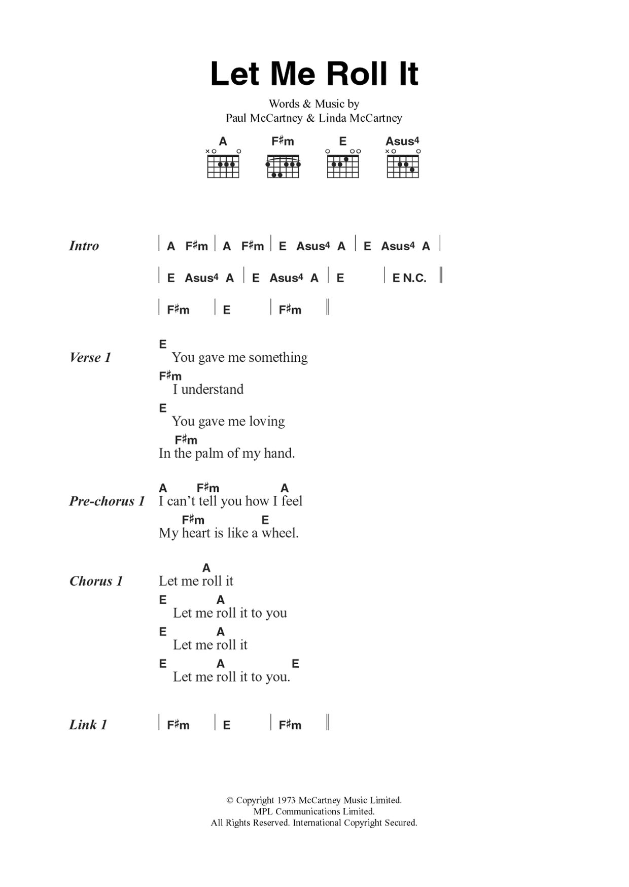 Wings Let Me Roll It Sheet Music Notes & Chords for Guitar Chords/Lyrics - Download or Print PDF
