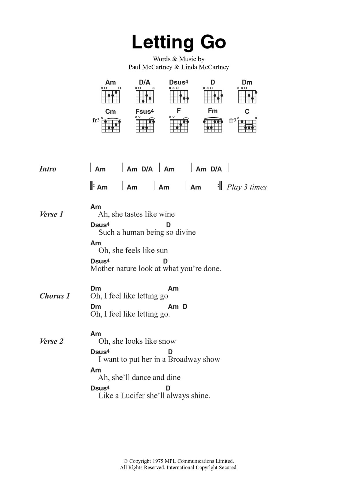 Wings Letting Go Sheet Music Notes & Chords for Guitar Chords/Lyrics - Download or Print PDF