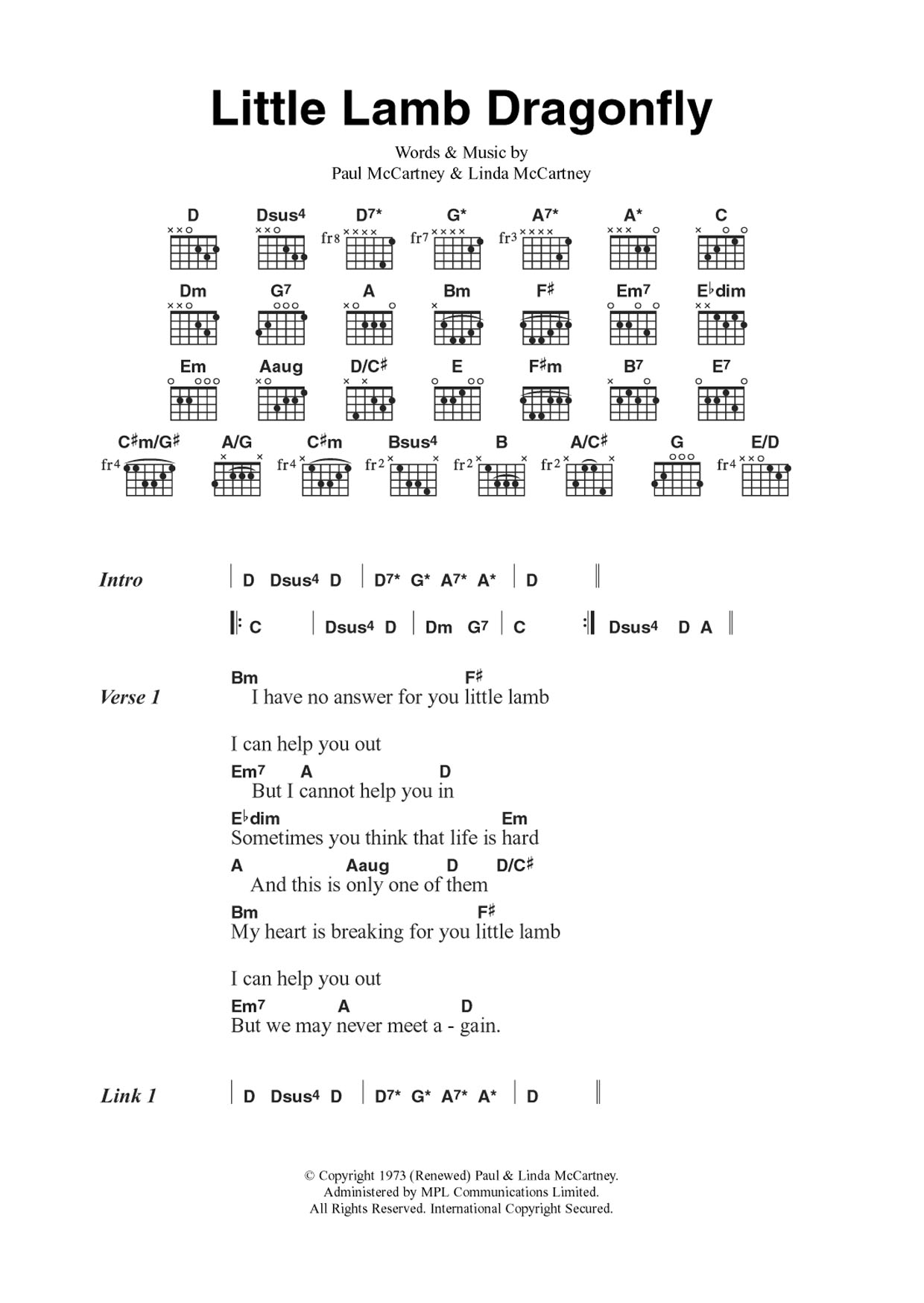 Wings Little Lamb Dragonfly Sheet Music Notes & Chords for Guitar Chords/Lyrics - Download or Print PDF