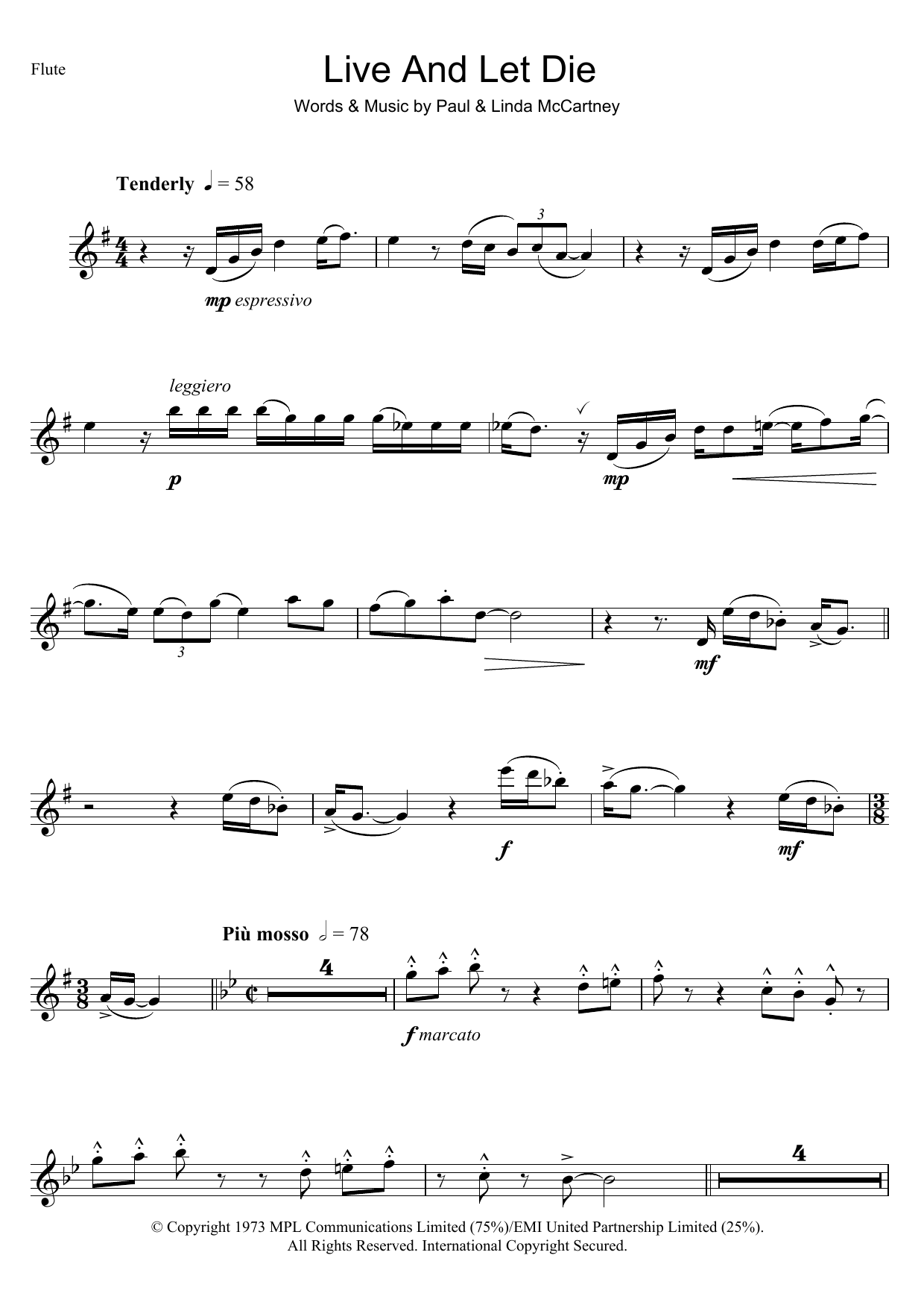 Wings Live And Let Die Sheet Music Notes & Chords for Flute - Download or Print PDF