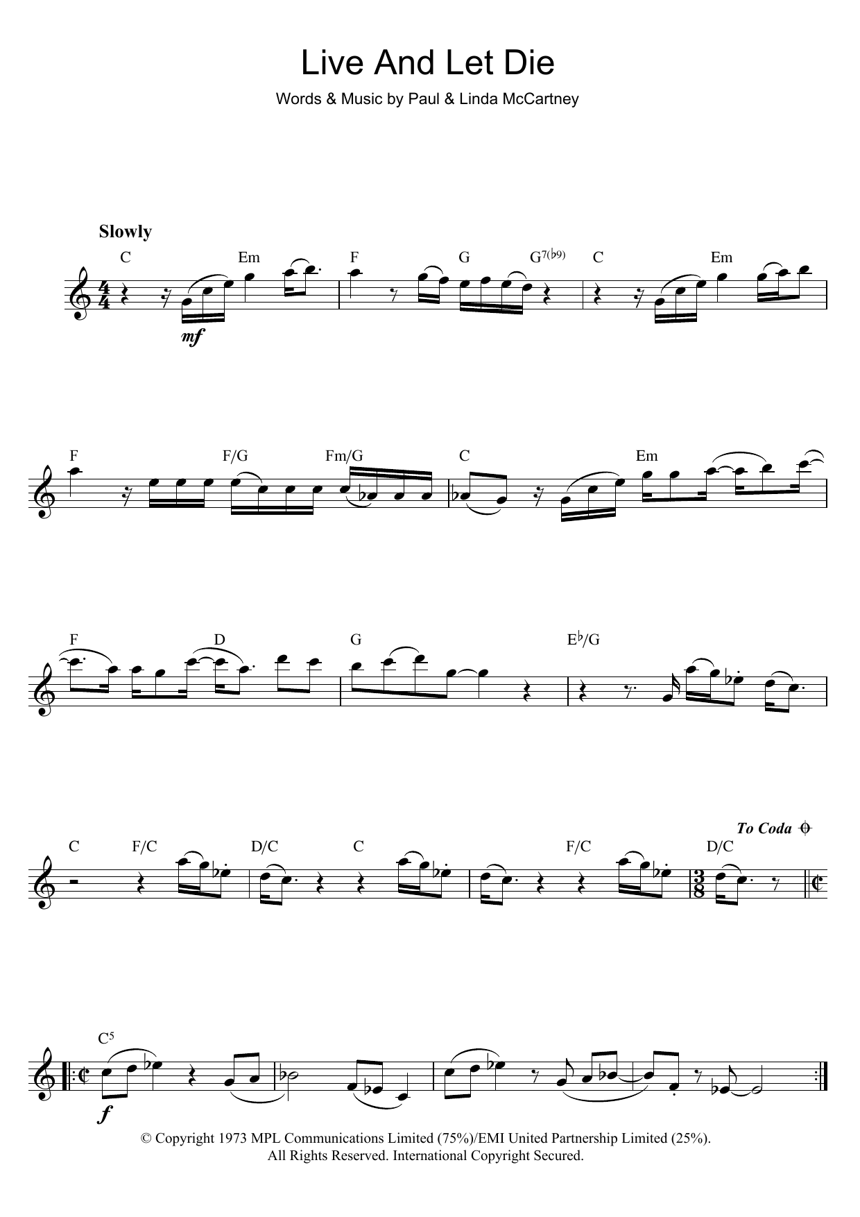 Wings Live And Let Die (theme from the James Bond film) Sheet Music Notes & Chords for Flute - Download or Print PDF