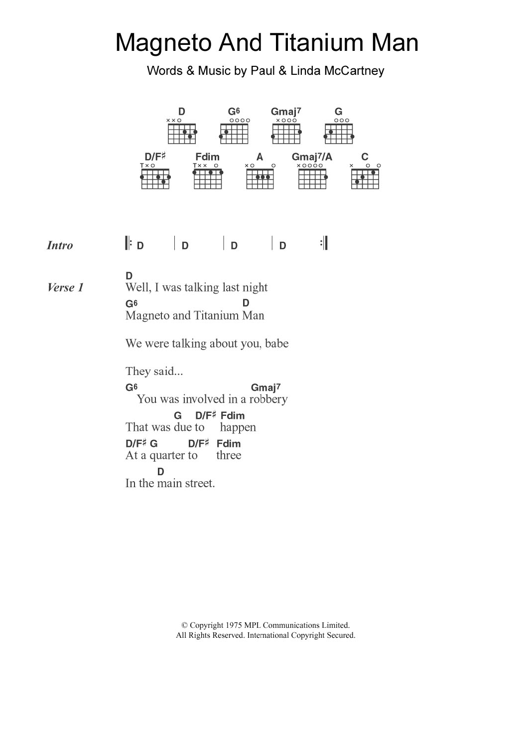 Paul McCartney & Wings Magneto And Titanium Man Sheet Music Notes & Chords for Lyrics & Chords - Download or Print PDF Paul McCartney & Wings Magneto And Titanium Man Sheet Music Notes & Chords for Lyrics & Chords - Download or Print PDF