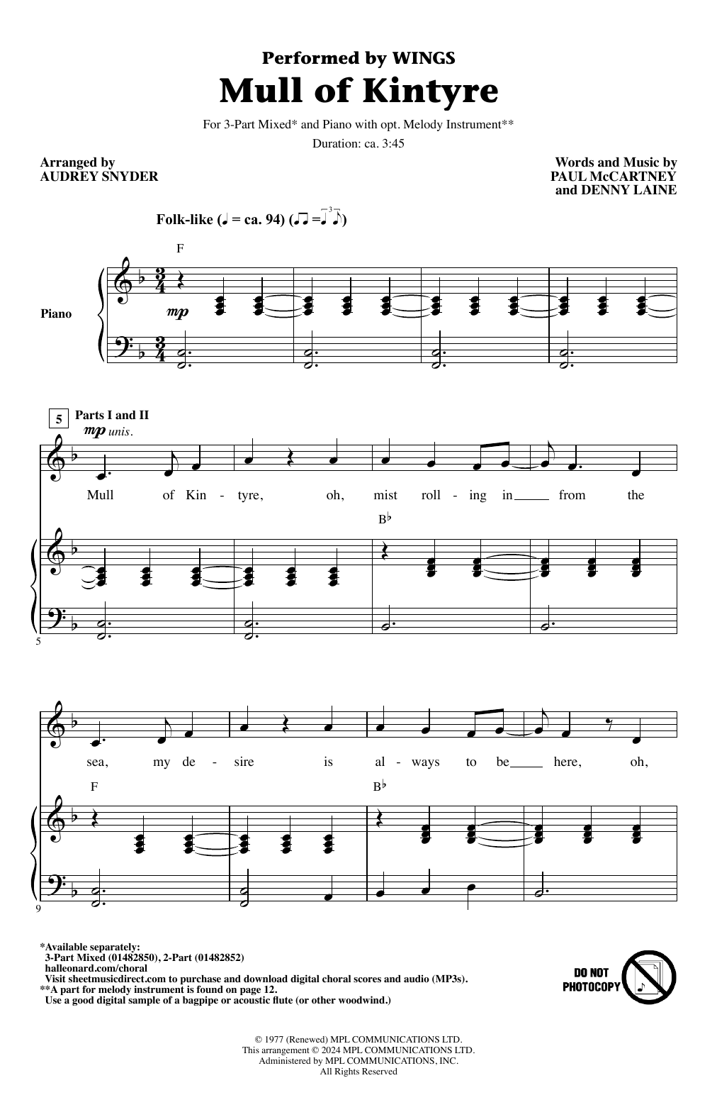 Wings Mull Of Kintyre (arr. Audrey Snyder) Sheet Music Notes & Chords for 3-Part Mixed Choir - Download or Print PDF