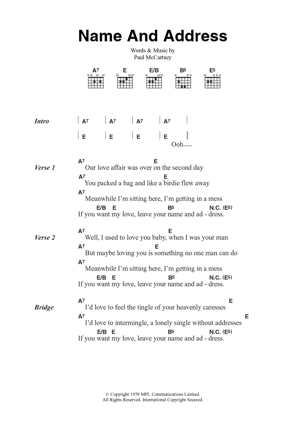 Wings Name And Address Sheet Music Notes & Chords for Guitar Chords/Lyrics - Download or Print PDF
