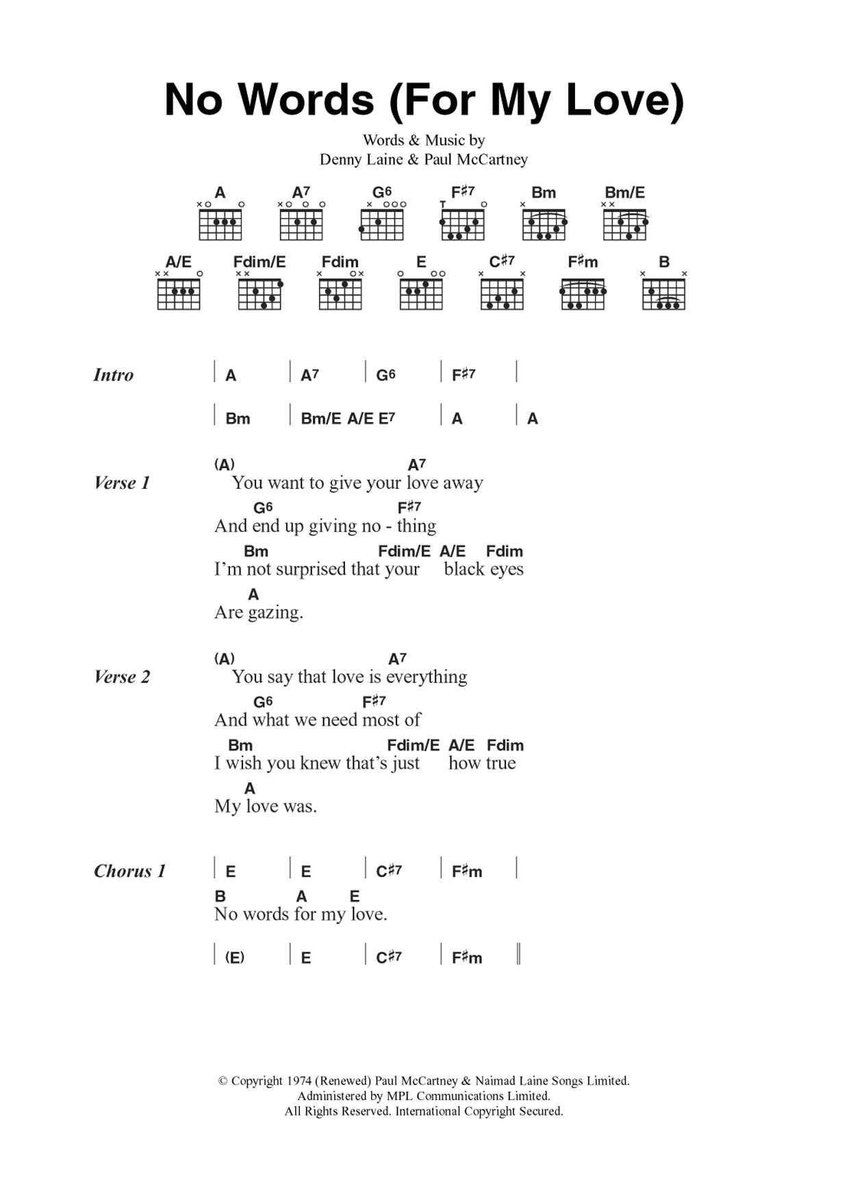 Wings No Words (For My Love) Sheet Music Notes & Chords for Guitar Chords/Lyrics - Download or Print PDF