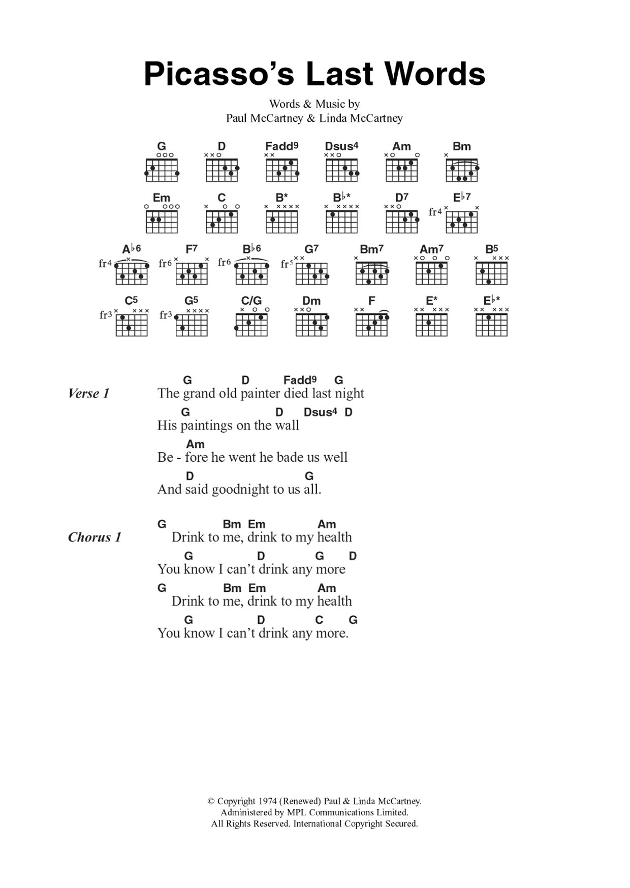 Wings Picasso's Last Words Sheet Music Notes & Chords for Guitar Chords/Lyrics - Download or Print PDF