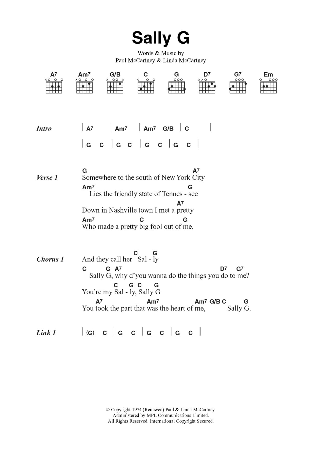 Wings Sally G Sheet Music Notes & Chords for Guitar Chords/Lyrics - Download or Print PDF