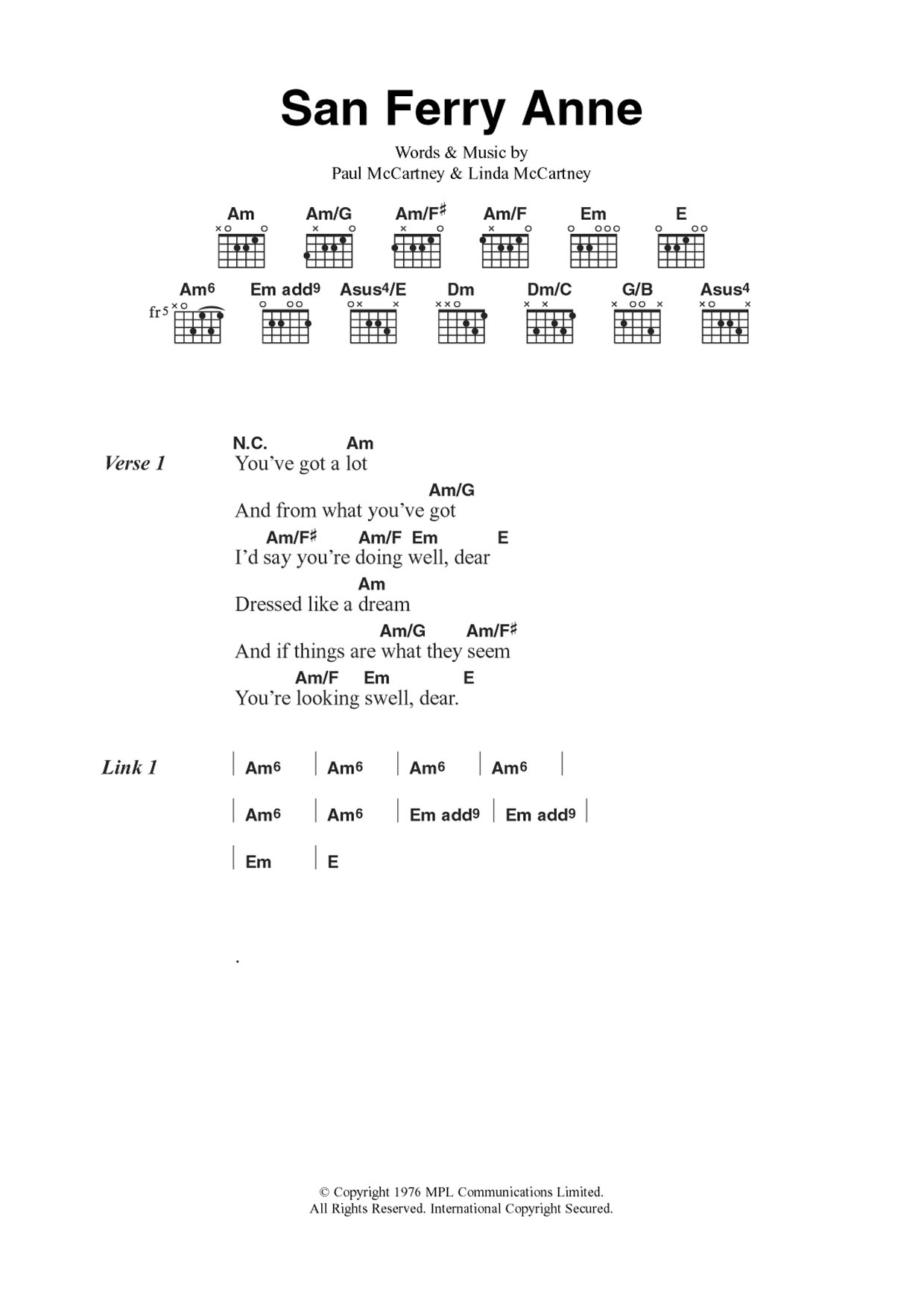 Wings San Ferry Anne Sheet Music Notes & Chords for Guitar Chords/Lyrics - Download or Print PDF