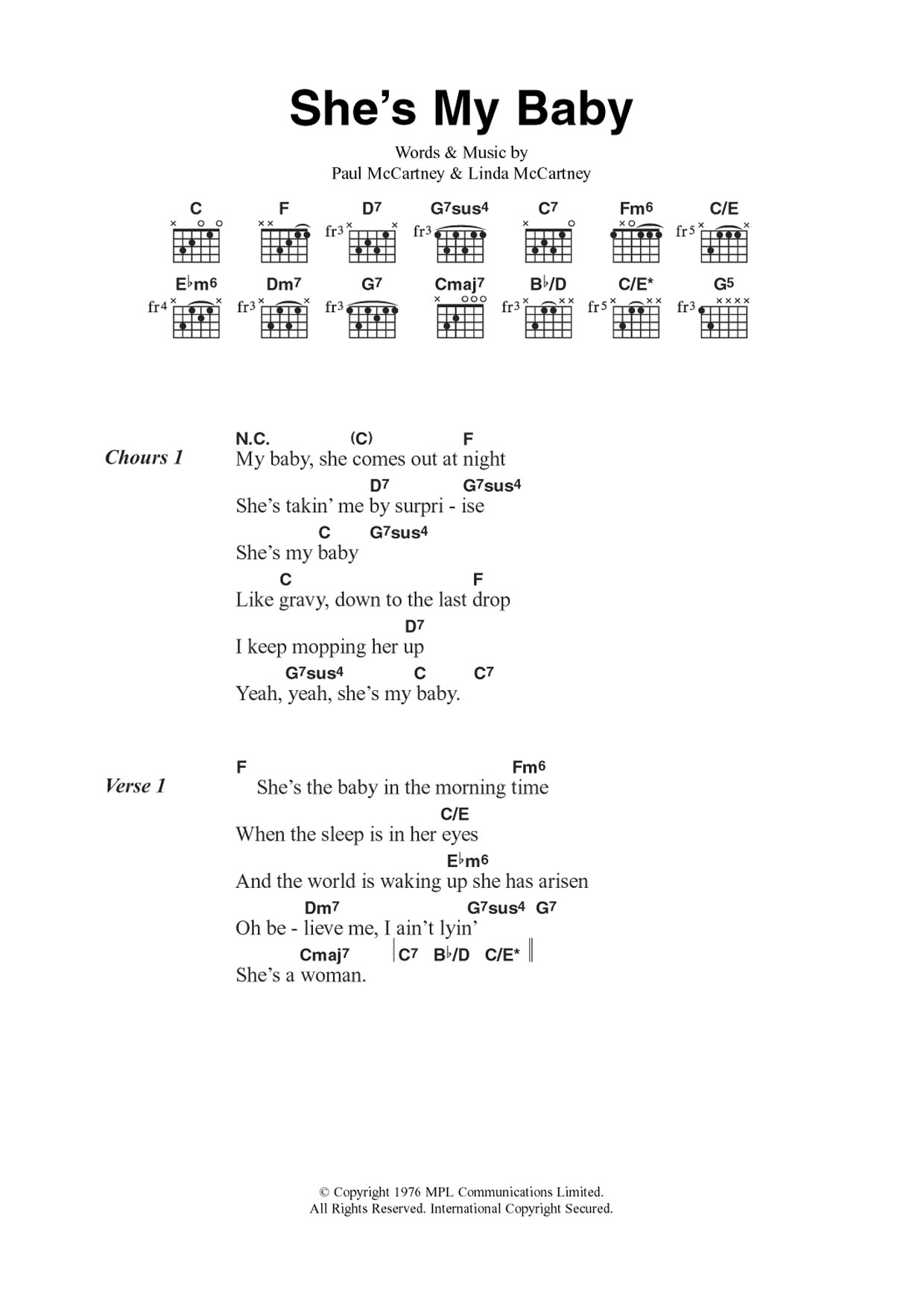 Wings She's My Baby Sheet Music Notes & Chords for Guitar Chords/Lyrics - Download or Print PDF