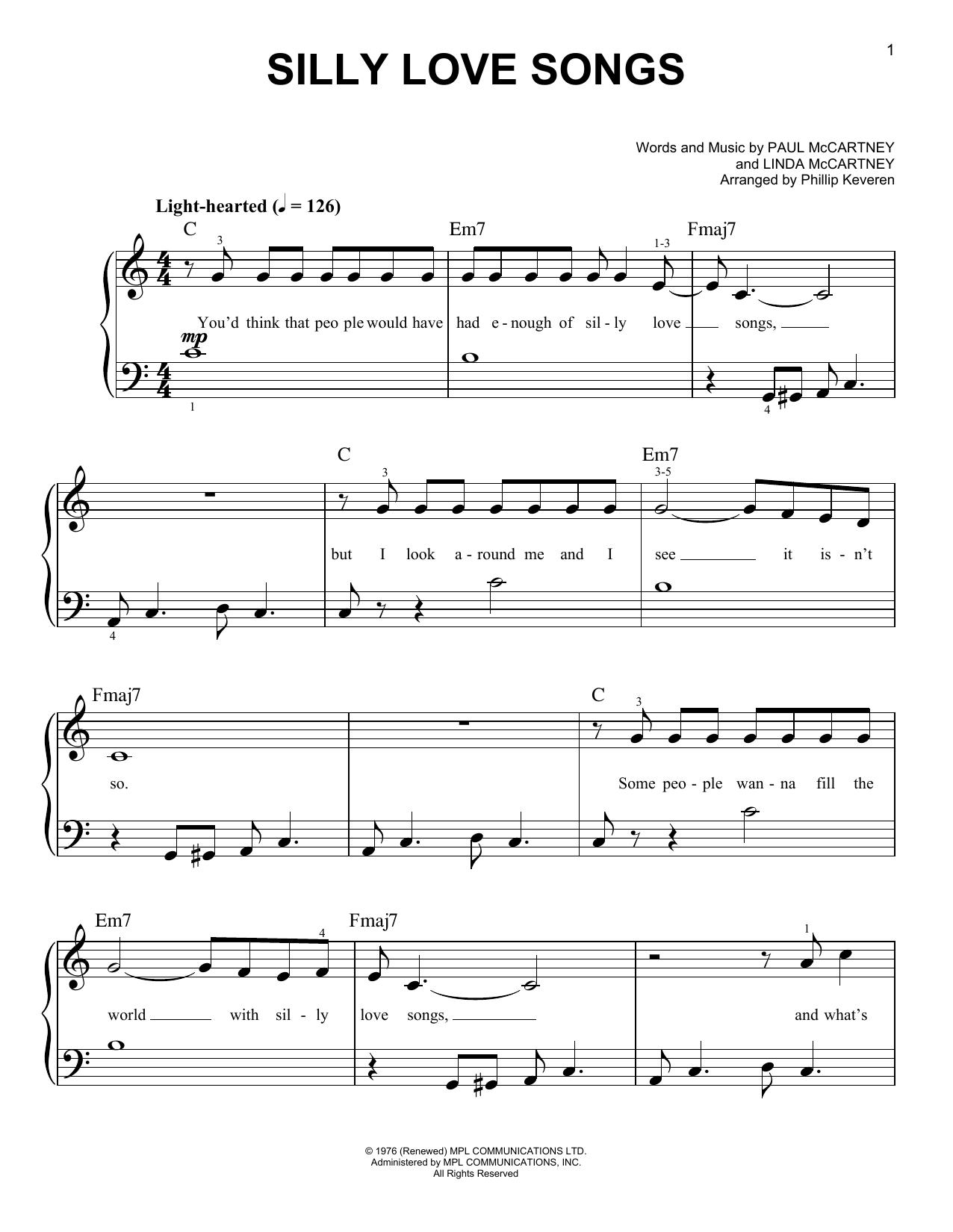 Wings Silly Love Songs (arr. Phillip Keveren) Sheet Music Notes & Chords for Piano Duet - Download or Print PDF