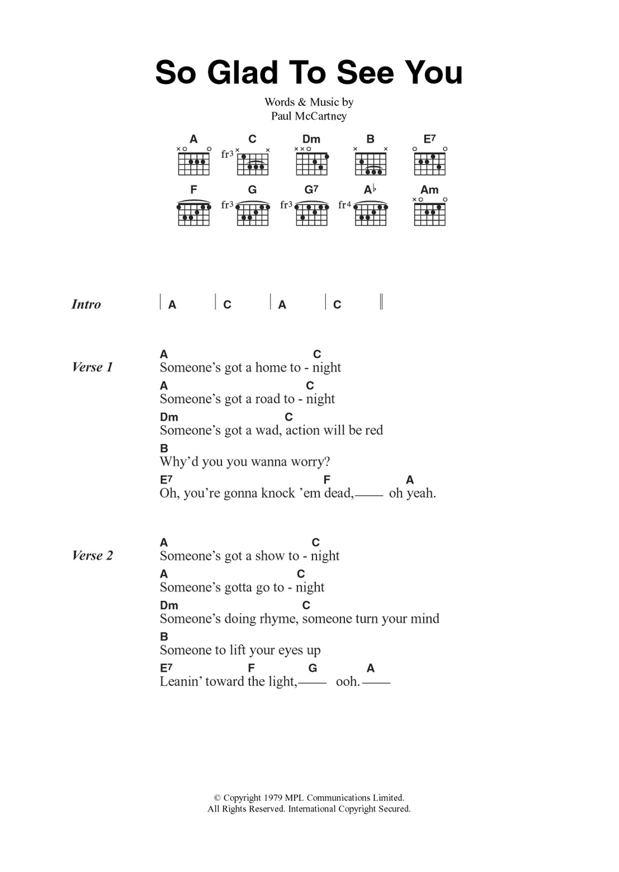 Wings So Glad To See You Sheet Music Notes & Chords for Guitar Chords/Lyrics - Download or Print PDF