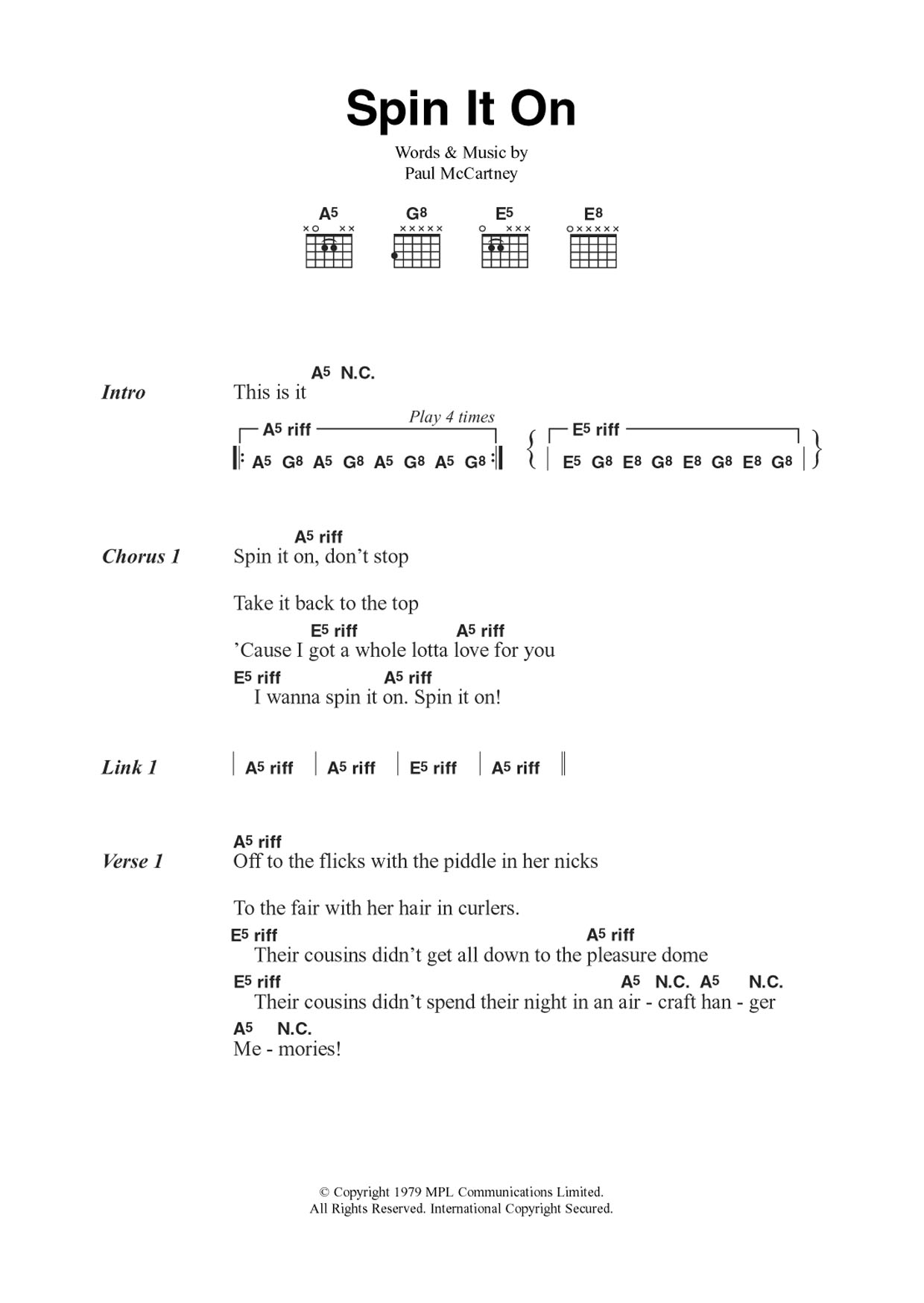 Wings Spin It On Sheet Music Notes & Chords for Guitar Chords/Lyrics - Download or Print PDF