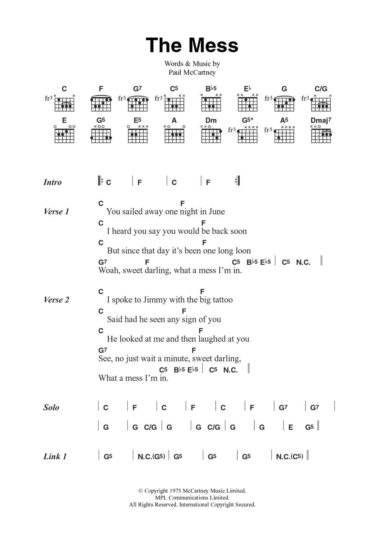 Wings The Mess Sheet Music Notes & Chords for Guitar Chords/Lyrics - Download or Print PDF