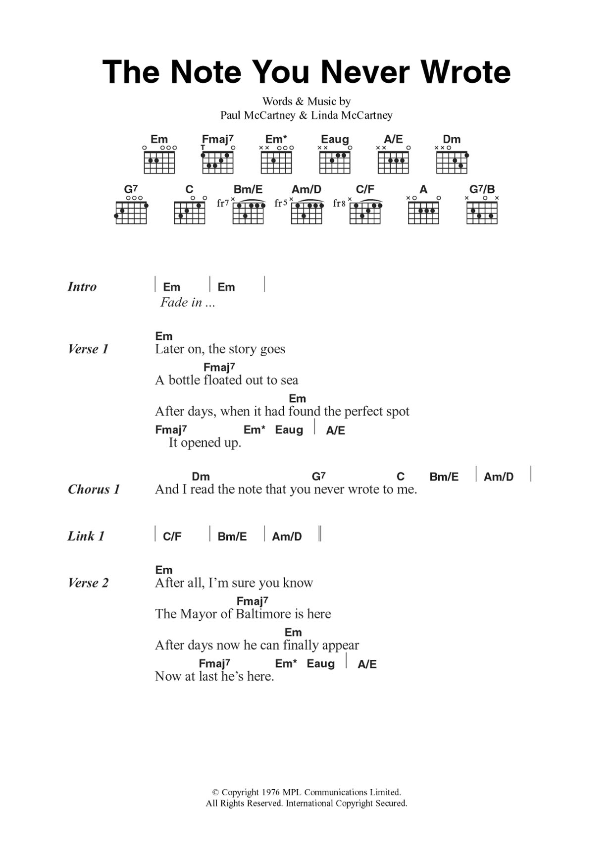 Wings The Note You Never Wrote Sheet Music Notes & Chords for Guitar Chords/Lyrics - Download or Print PDF