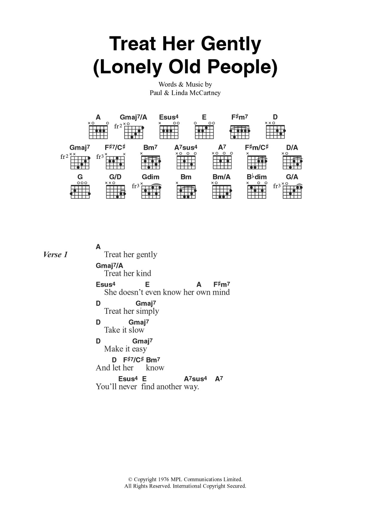 Wings Treat Her Gently (Lonely Old People) Sheet Music Notes & Chords for Guitar Chords/Lyrics - Download or Print PDF