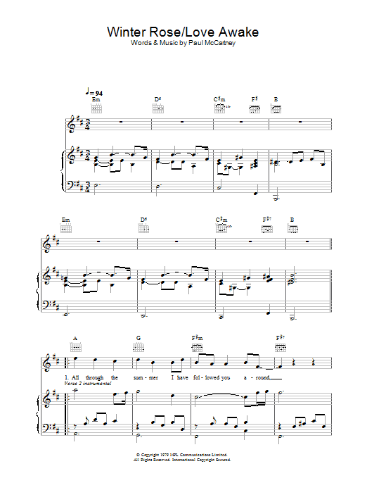 Wings Winter Rose/Love Awake Sheet Music Notes & Chords for Piano, Vocal & Guitar - Download or Print PDF