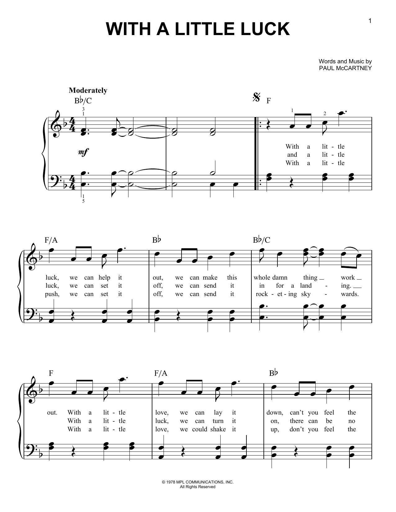 Wings With A Little Luck Sheet Music Notes & Chords for Easy Piano - Download or Print PDF