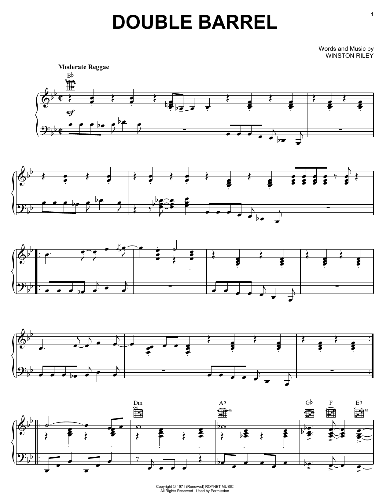 Winston Riley Double Barrel Sheet Music Notes & Chords for Piano, Vocal & Guitar Chords (Right-Hand Melody) - Download or Print PDF
