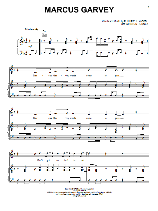 Winston Rodney Marcus Garvey Sheet Music Notes & Chords for Piano, Vocal & Guitar (Right-Hand Melody) - Download or Print PDF
