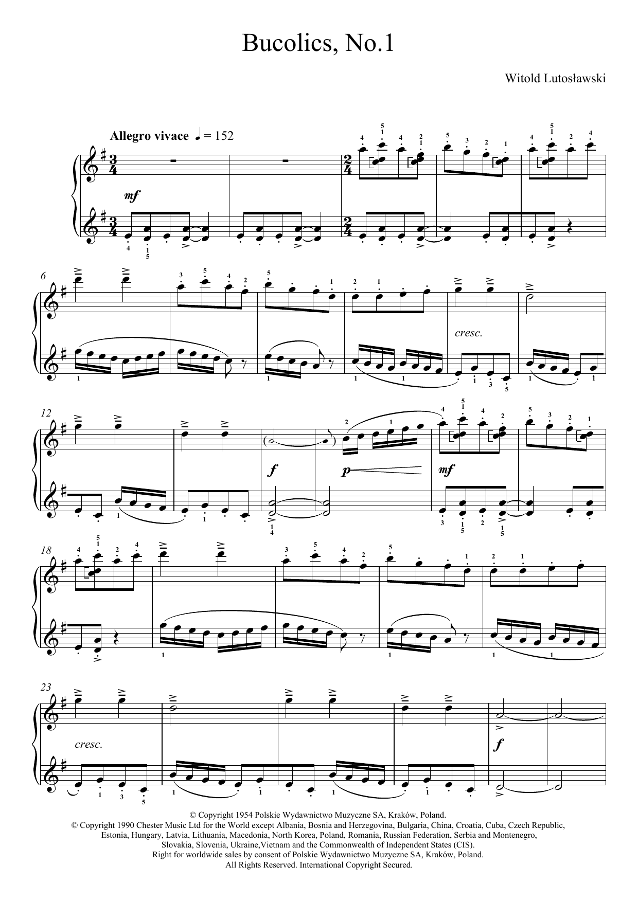 Witold Lutoslawski Bucolics, No.1 Sheet Music Notes & Chords for Piano - Download or Print PDF