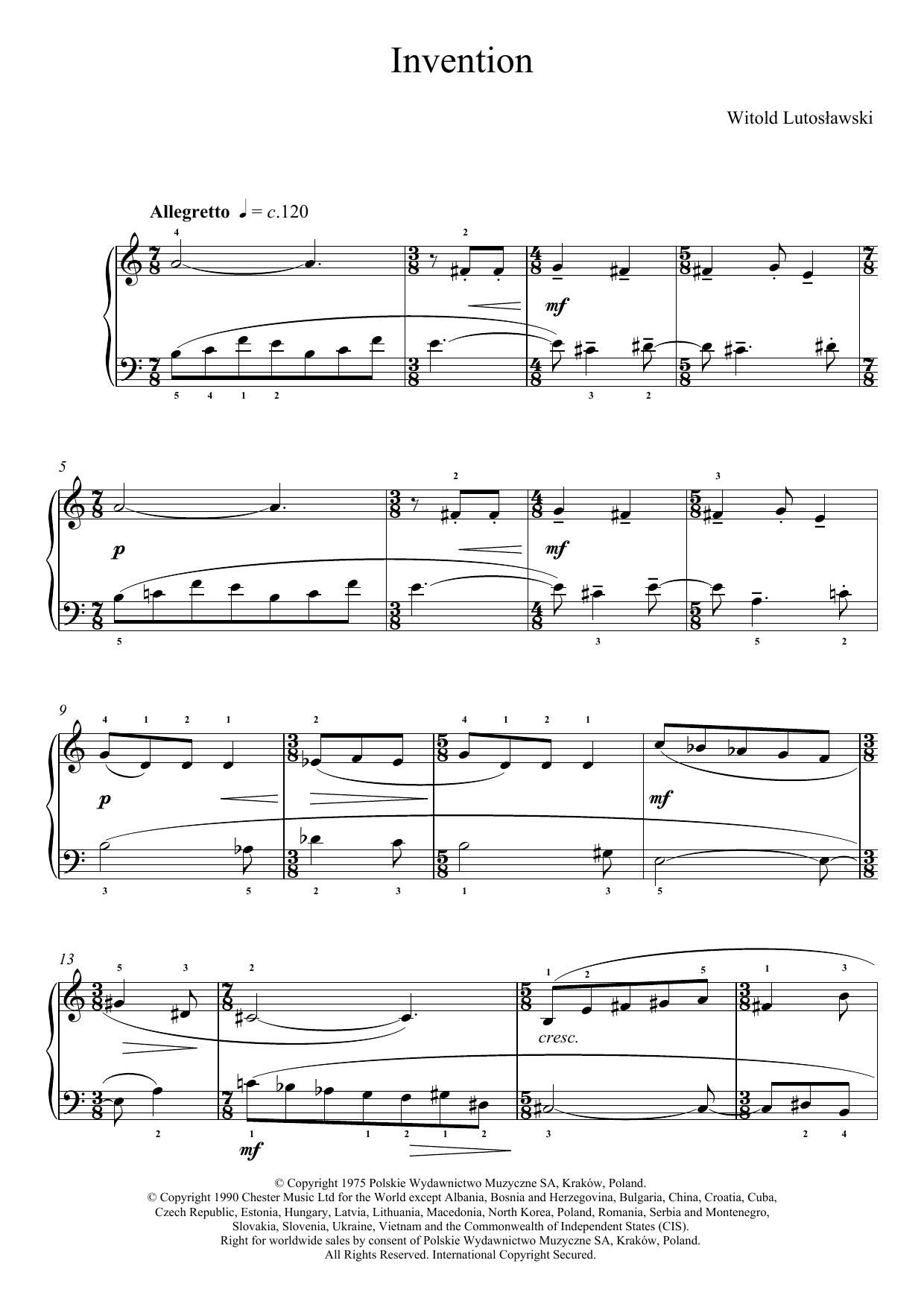 Witold Lutoslawski Invention Sheet Music Notes & Chords for Piano - Download or Print PDF