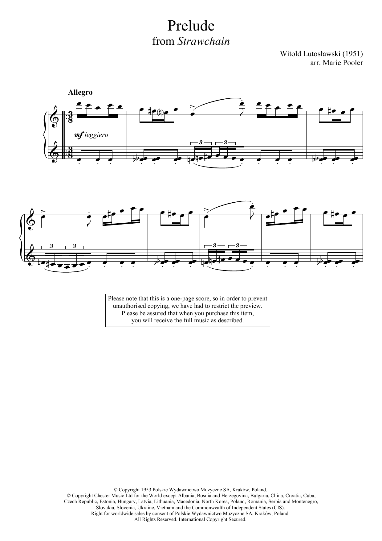Witold Lutoslawski Prelude (from 'Strawchain') Sheet Music Notes & Chords for Piano - Download or Print PDF