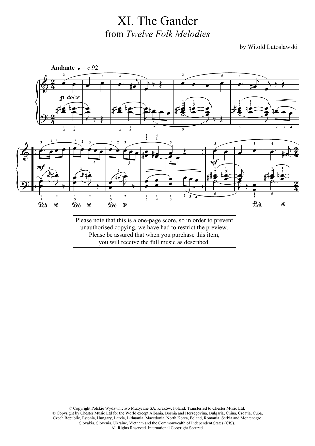 Witold Lutoslawski The Gander Sheet Music Notes & Chords for Piano - Download or Print PDF