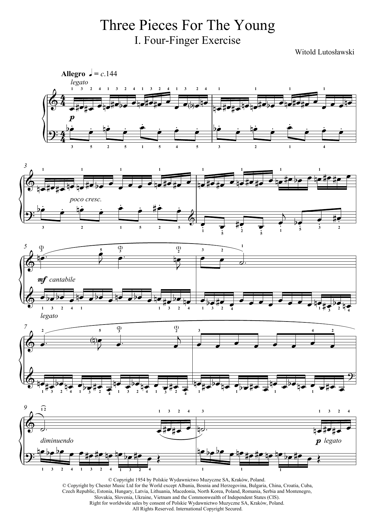Witold Lutoslawski Three Pieces For The Young, 1. Four Finger Exercise Sheet Music Notes & Chords for Piano - Download or Print PDF