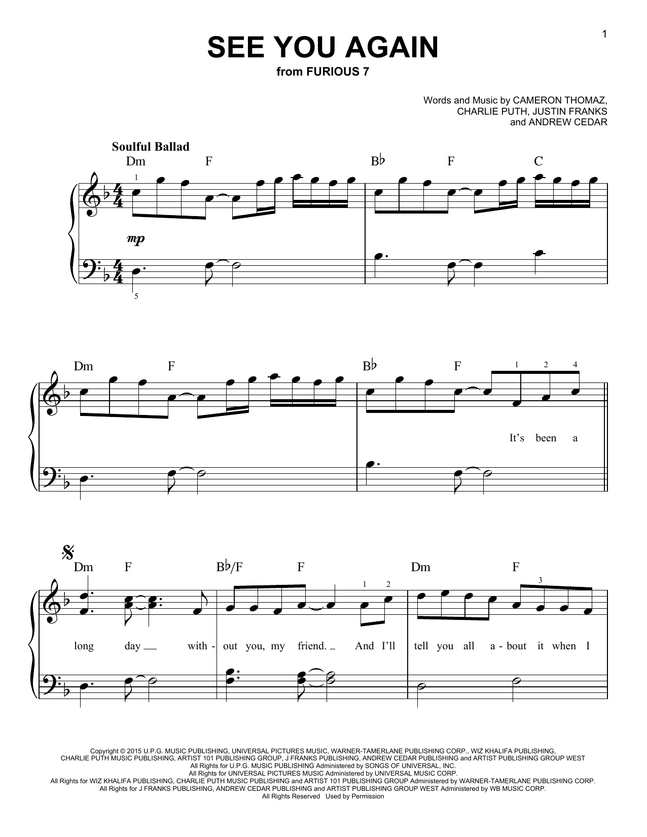 Wiz Khalifa feat. Charlie Puth See You Again Sheet Music Notes & Chords for Piano - Download or Print PDF