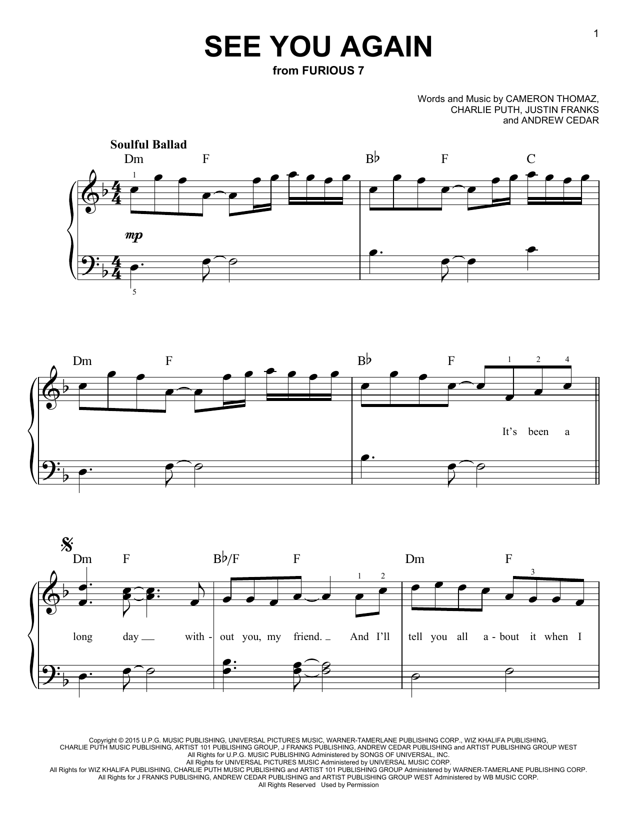 Wiz Khalifa See You Again (feat. Charlie Puth) Sheet Music Notes & Chords for Easy Piano - Download or Print PDF
