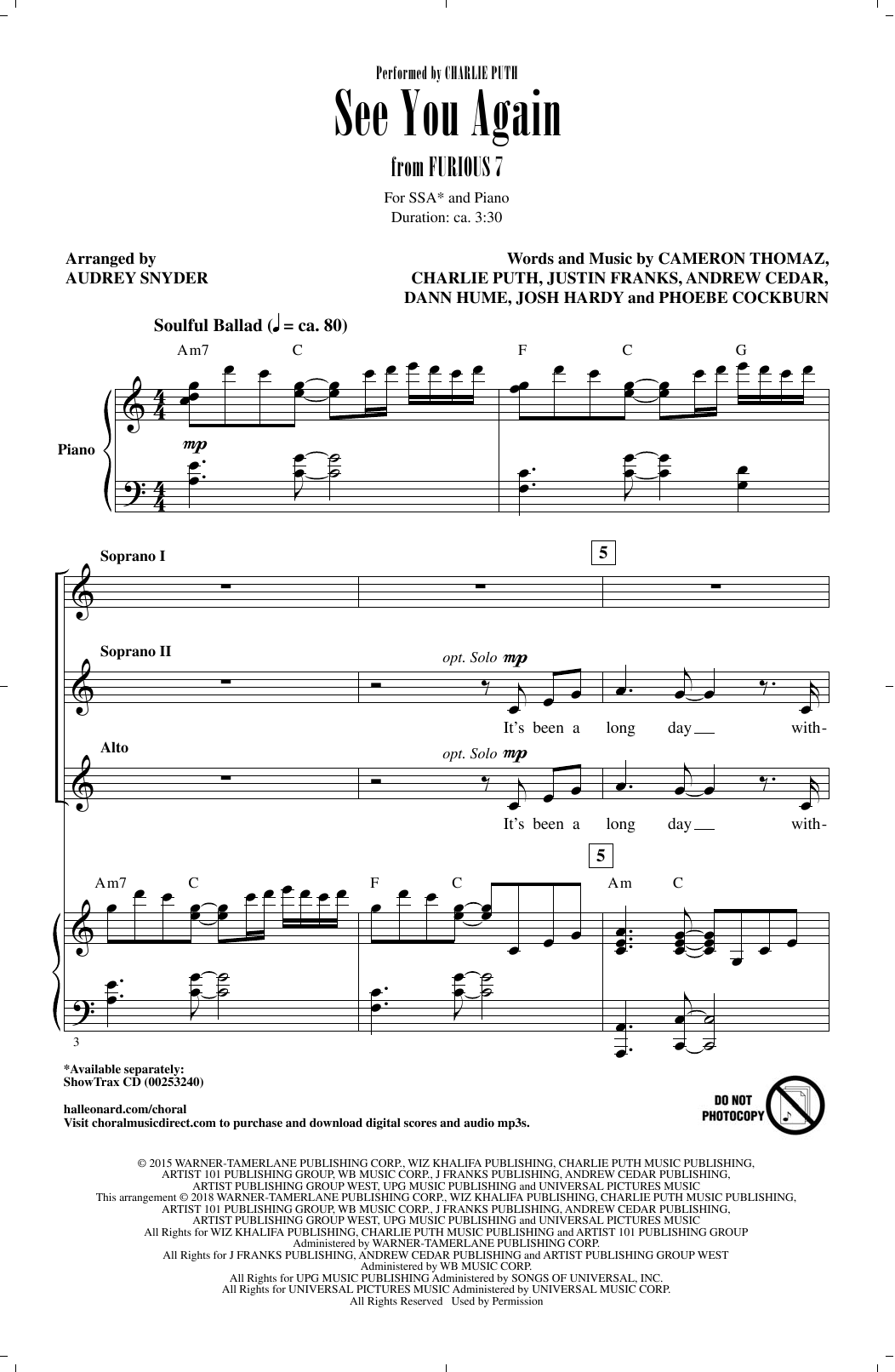 Audrey Snyder See You Again Sheet Music Notes & Chords for SSA - Download or Print PDF
