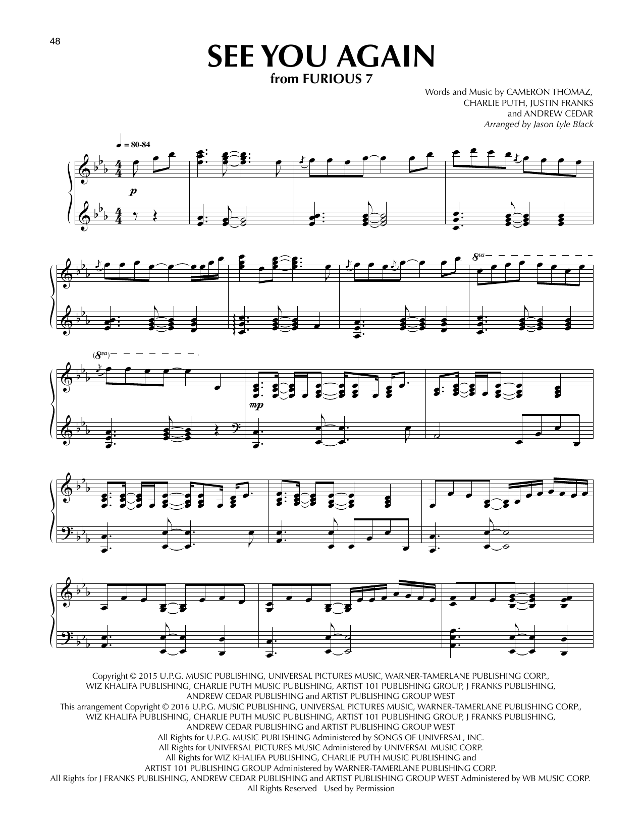 Wiz Khalifa See You Again (feat. Charlie Puth) (arr. Jason Lyle Black) Sheet Music Notes & Chords for Piano - Download or Print PDF