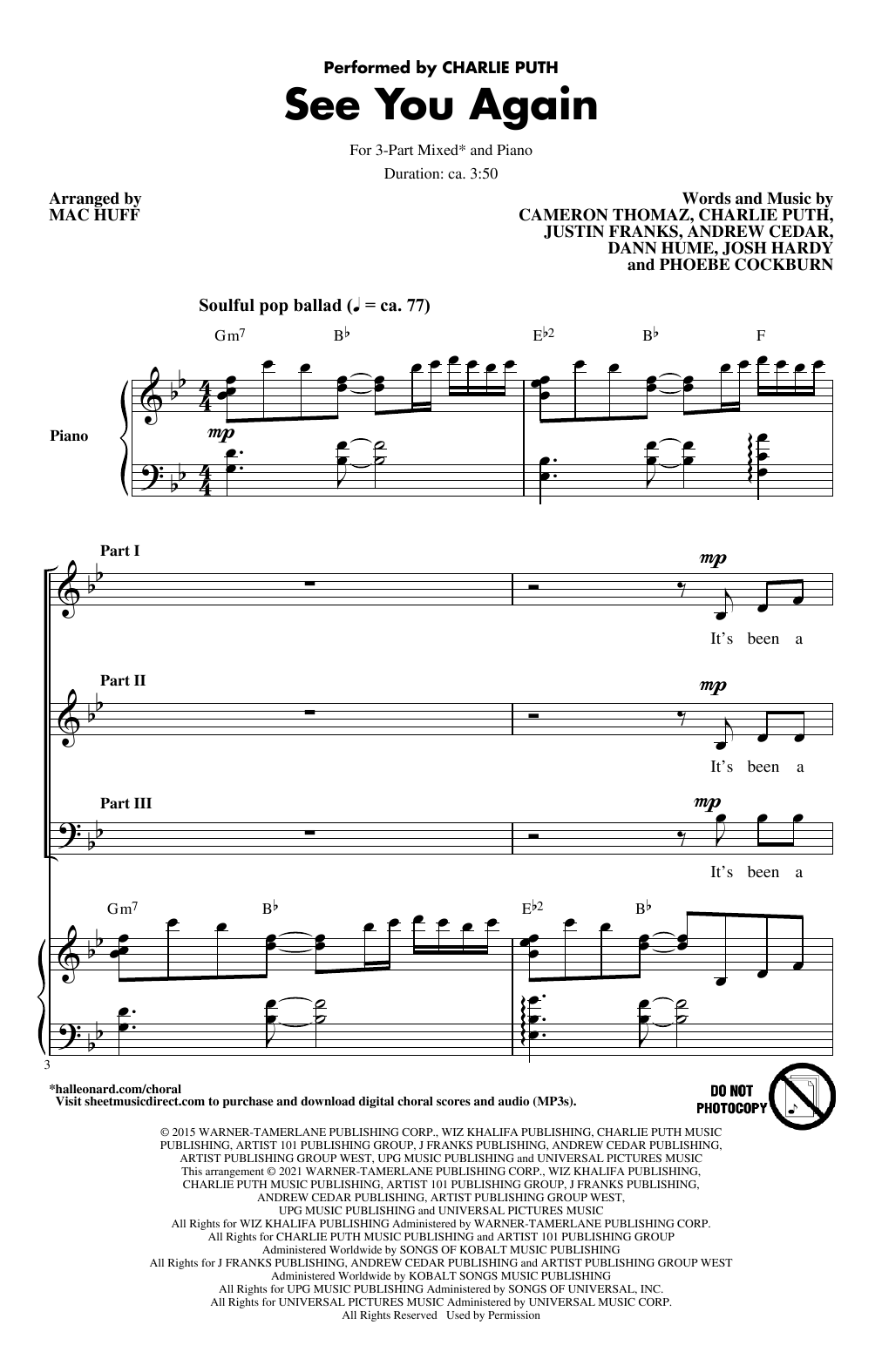 Wiz Khalifa See You Again (feat. Charlie Puth) (arr. Mac Huff) Sheet Music Notes & Chords for 3-Part Mixed Choir - Download or Print PDF