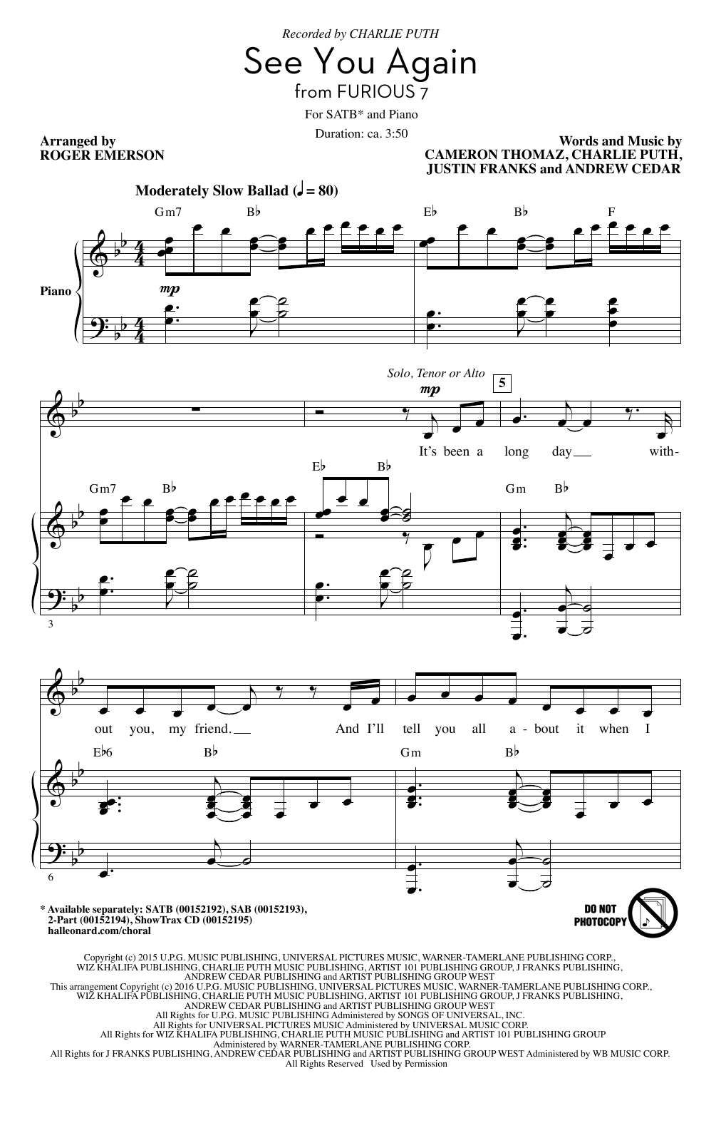 Wiz Khalifa See You Again (feat. Charlie Puth) (arr. Roger Emerson) Sheet Music Notes & Chords for SATB - Download or Print PDF