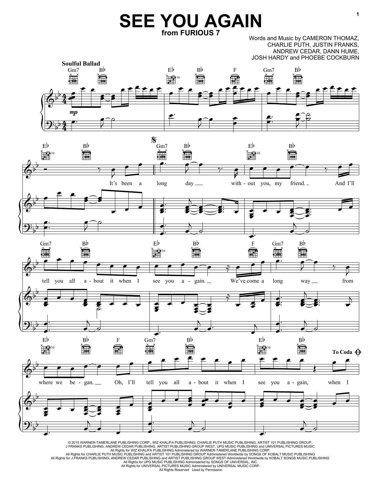 Wiz Khalifa See You Again (feat. Charlie Puth) Sheet Music Notes & Chords for Tuba Solo - Download or Print PDF