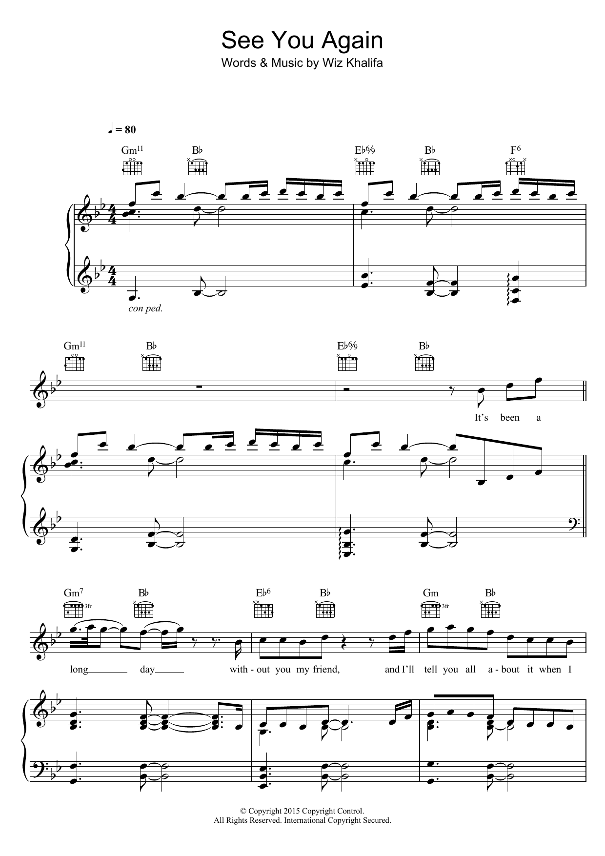 Wiz Khalifa See You Again (featuring Charlie Puth) Sheet Music Notes & Chords for Piano Duet - Download or Print PDF