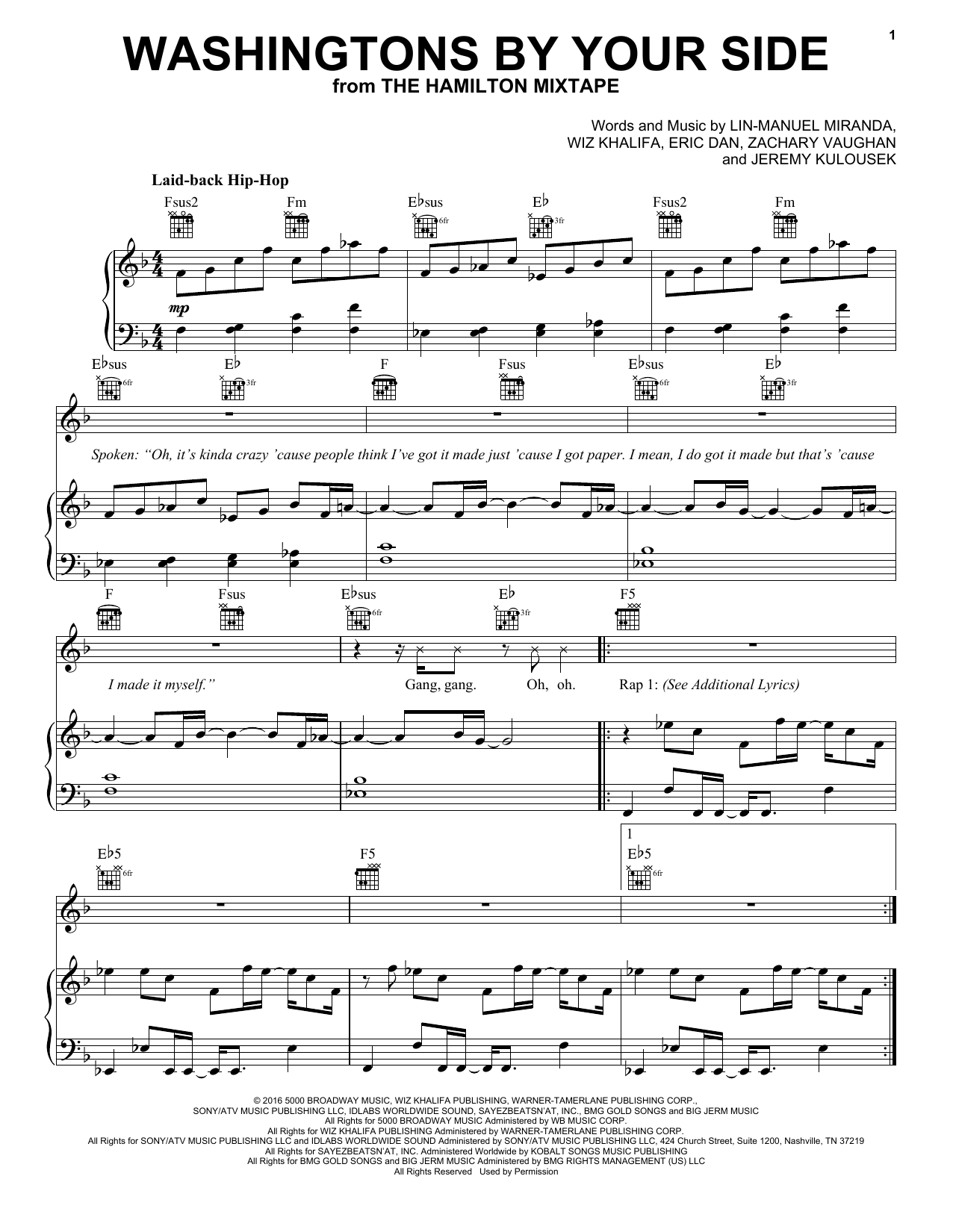 Wiz Khalifa Washingtons By Your Side Sheet Music Notes & Chords for Piano, Vocal & Guitar (Right-Hand Melody) - Download or Print PDF