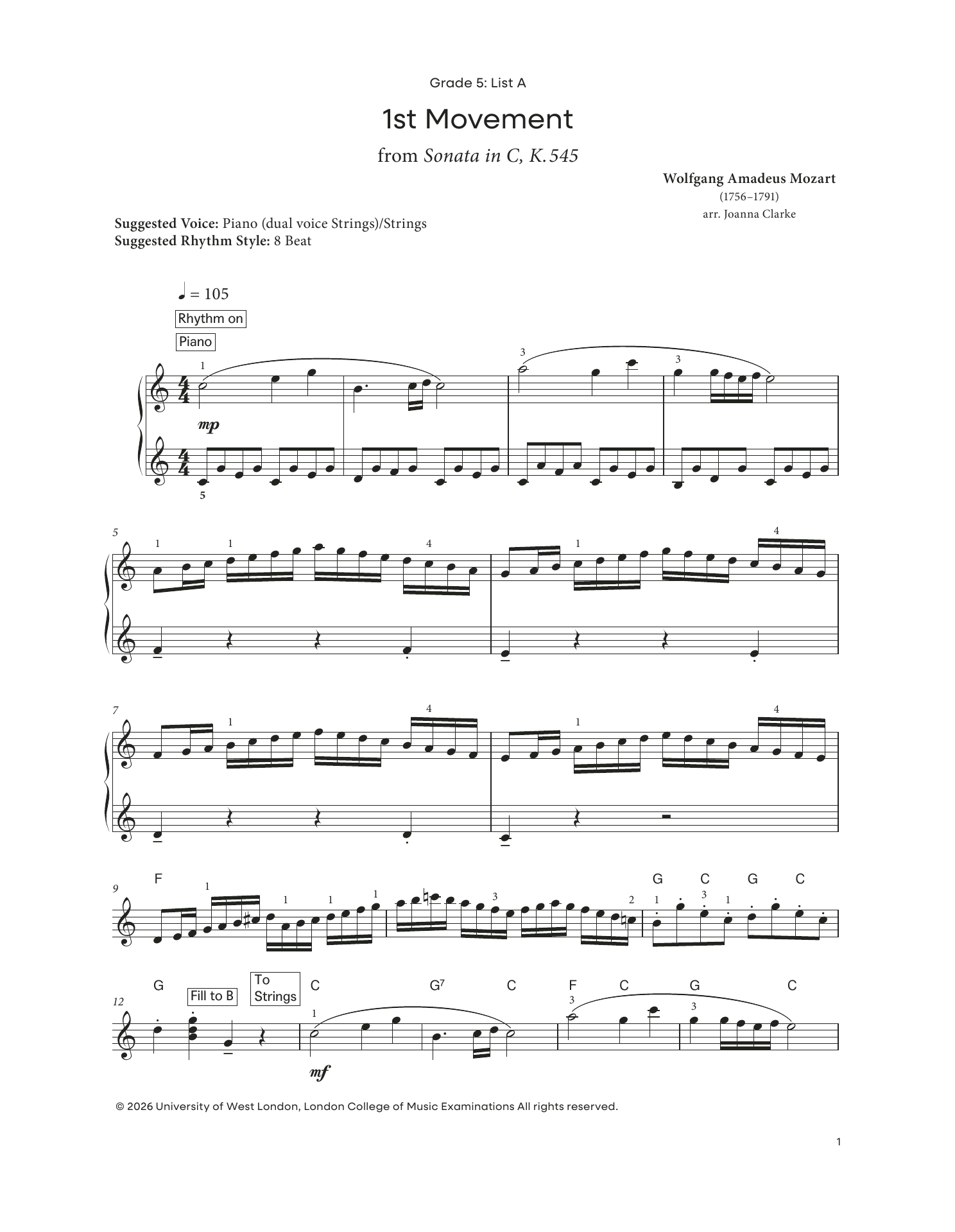 Wolfgang Amadeus Mozart 1st Movement from Sonata in C, K.545 (from LCME Electronic Keyboard Grade 5 List A) Sheet Music Notes & Chords for Piano Solo - Download or Print PDF
