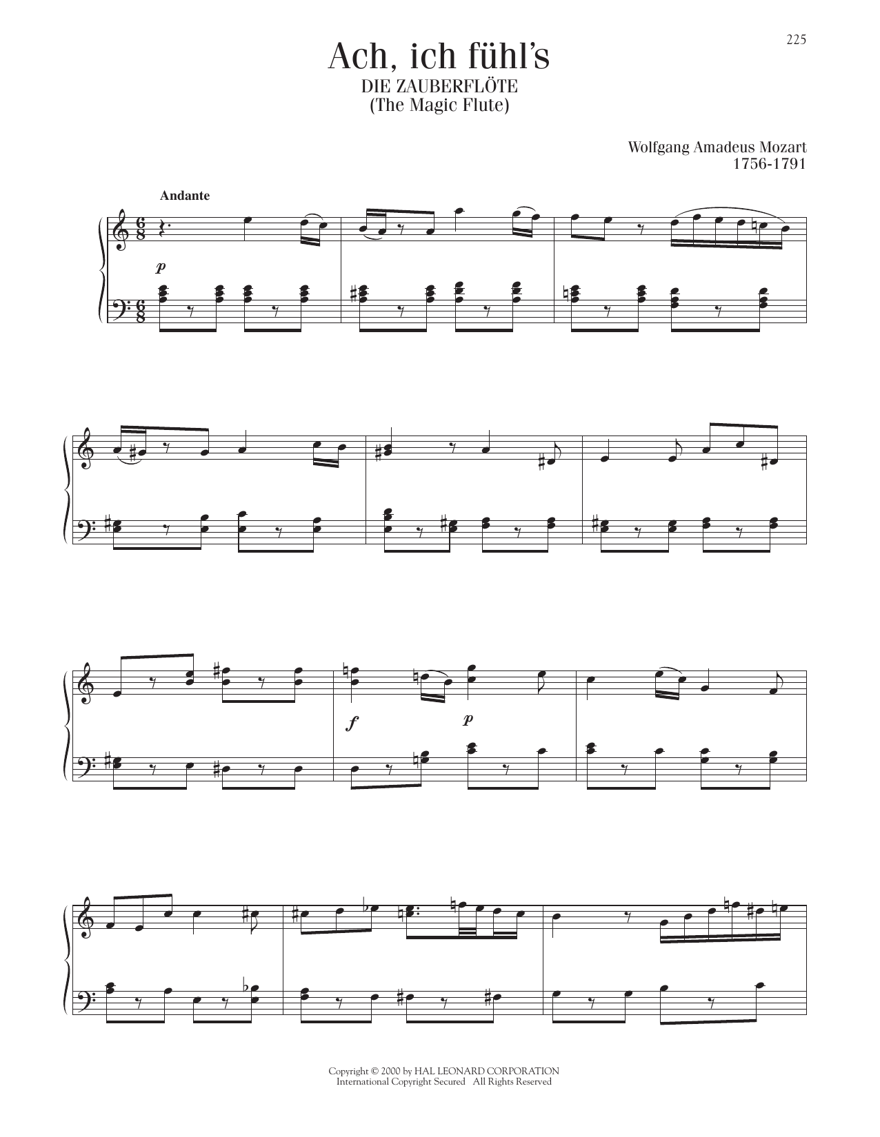 Wolfgang Amadeus Mozart Ach, Ich Fuhl's (The Magic Flute) Sheet Music Notes & Chords for Piano Solo - Download or Print PDF