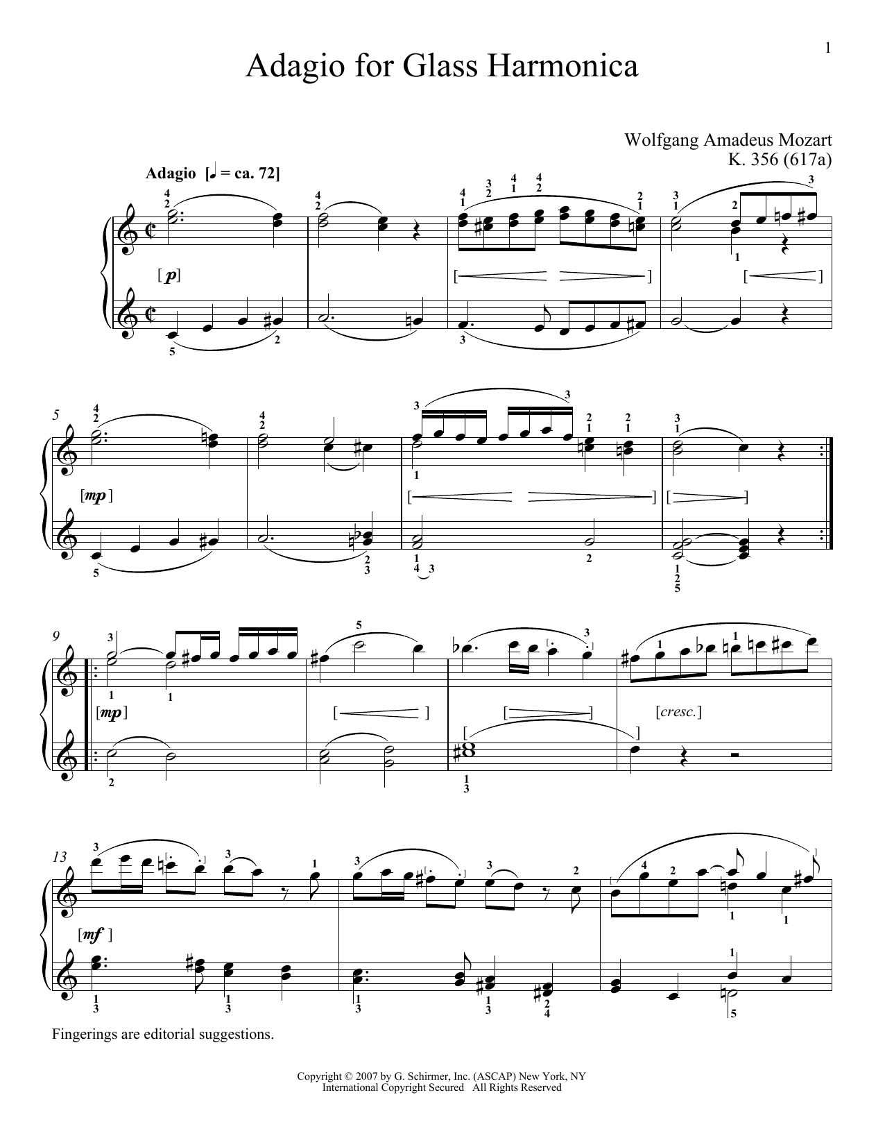 Wolfgang Amadeus Mozart Adagio For Glass Harmonica, K. 356 (617a) Sheet Music Notes & Chords for Piano Solo - Download or Print PDF