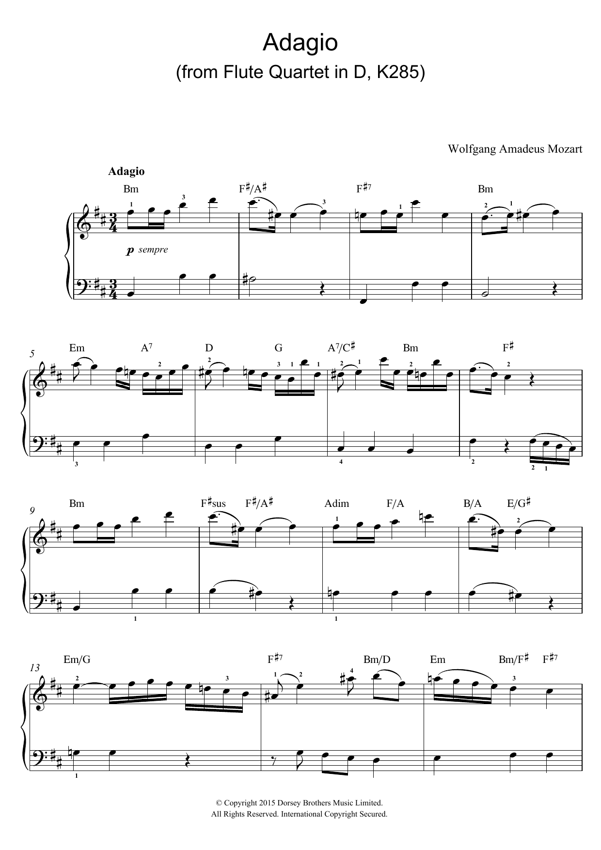 Wolfgang Amadeus Mozart Adagio (from Flute Quartet In D, K285) Sheet Music Notes & Chords for Beginner Piano - Download or Print PDF