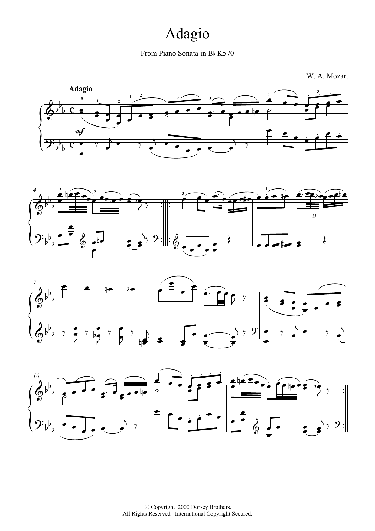 Wolfgang Amadeus Mozart Adagio from Piano Sonata in Bb, K570 Sheet Music Notes & Chords for Piano - Download or Print PDF