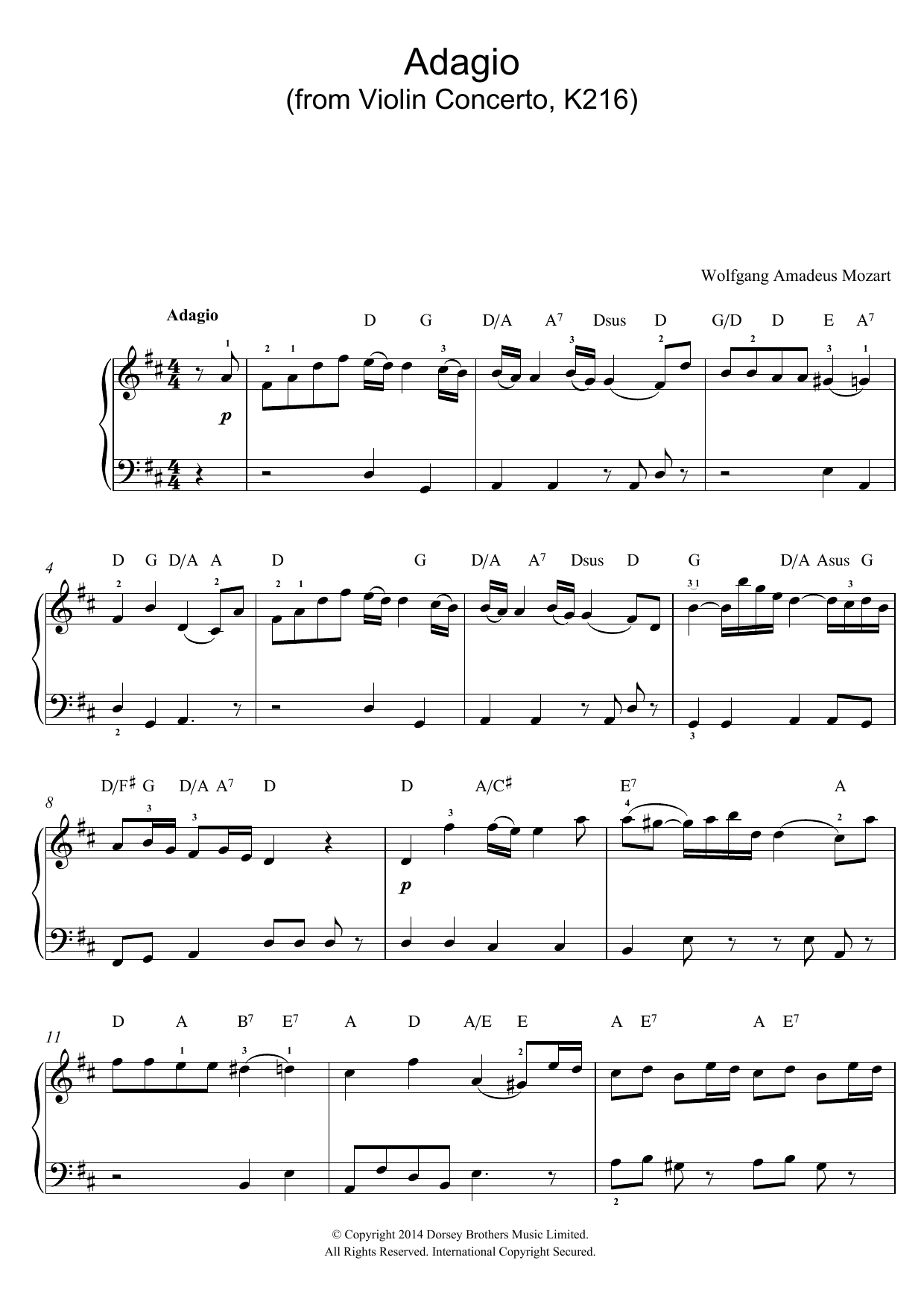 Wolfgang Amadeus Mozart Adagio from Violin Concerto In G, K216 Sheet Music Notes & Chords for Beginner Piano - Download or Print PDF