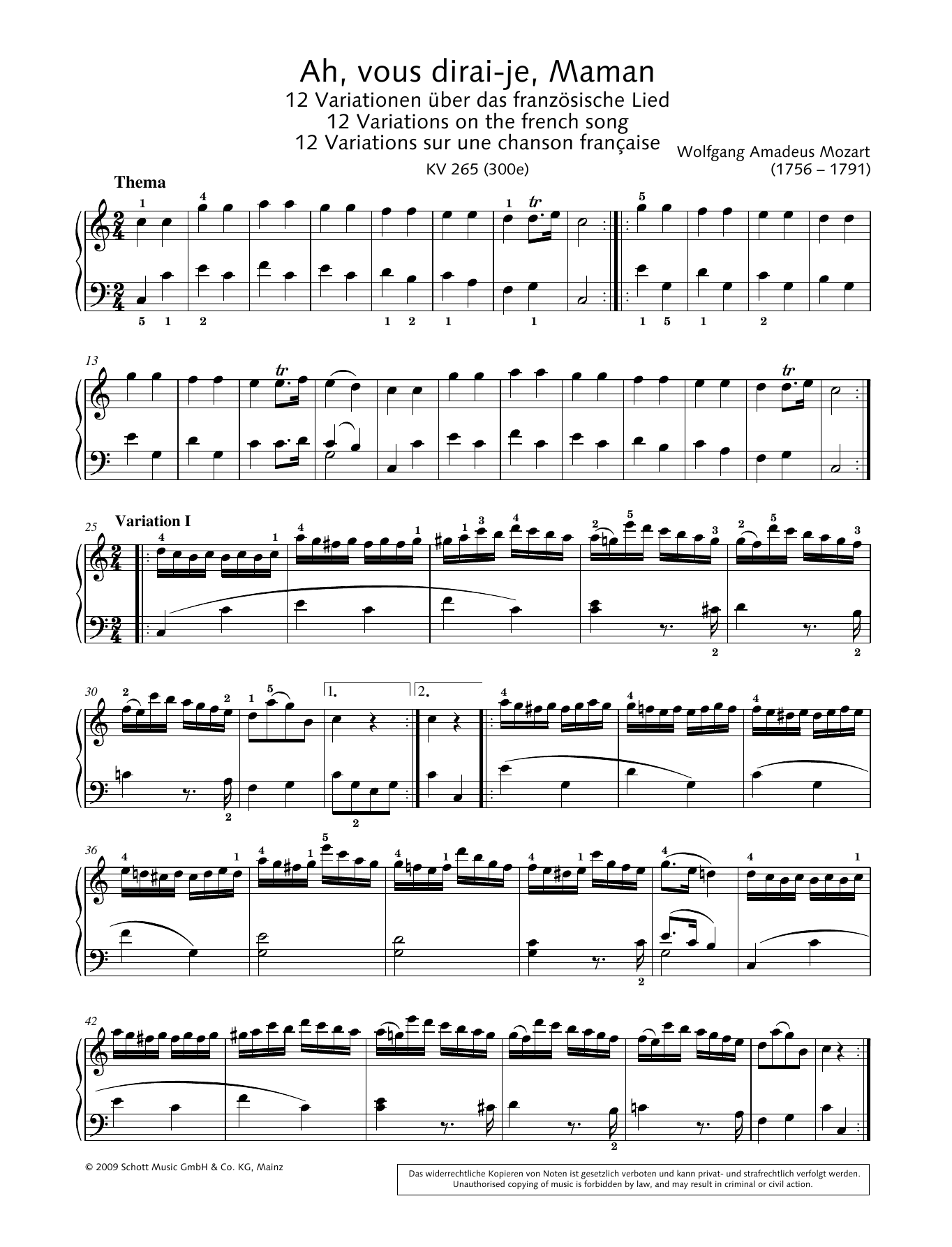 Wolfgang Amadeus Mozart Ah, vous dirai-je, Maman in C major Sheet Music Notes & Chords for Piano Solo - Download or Print PDF