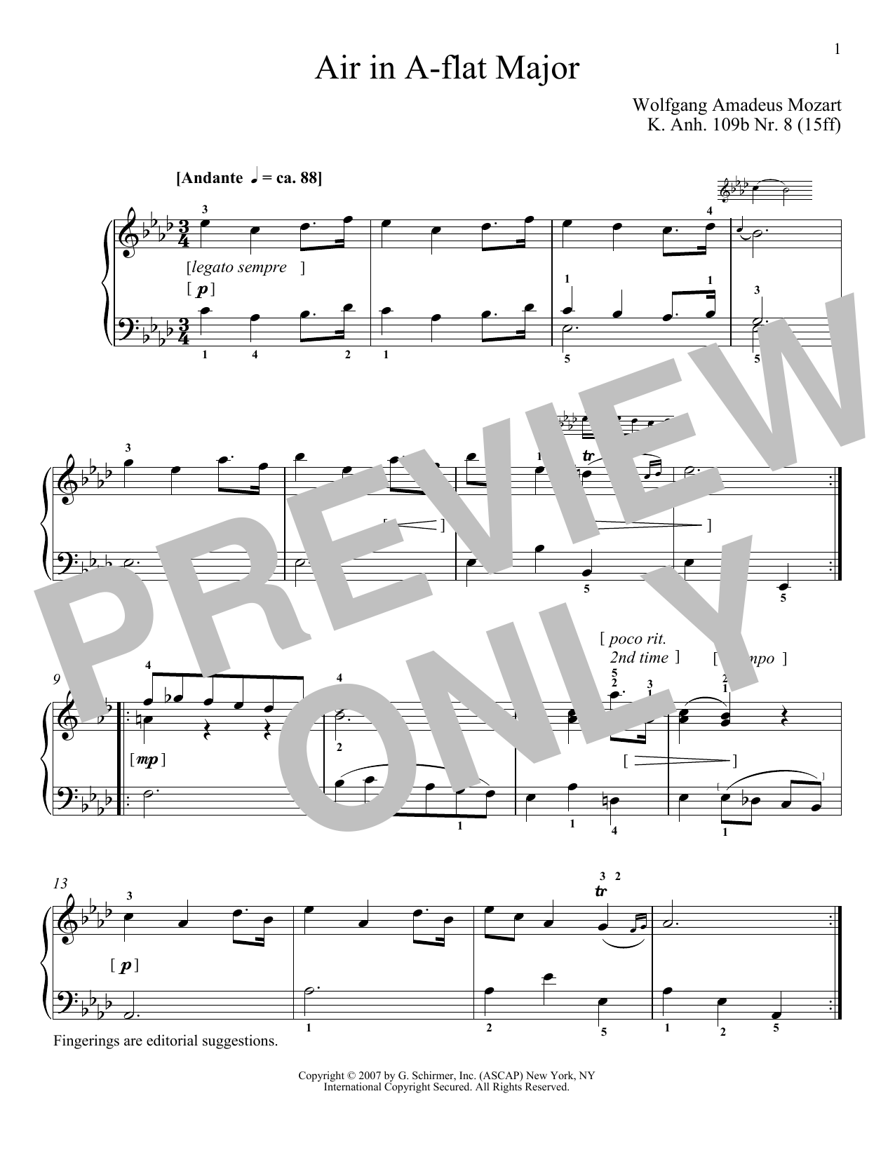 Wolfgang Amadeus Mozart Air In A-Flat Major, K109b, No. 8 Sheet Music Notes & Chords for Piano - Download or Print PDF