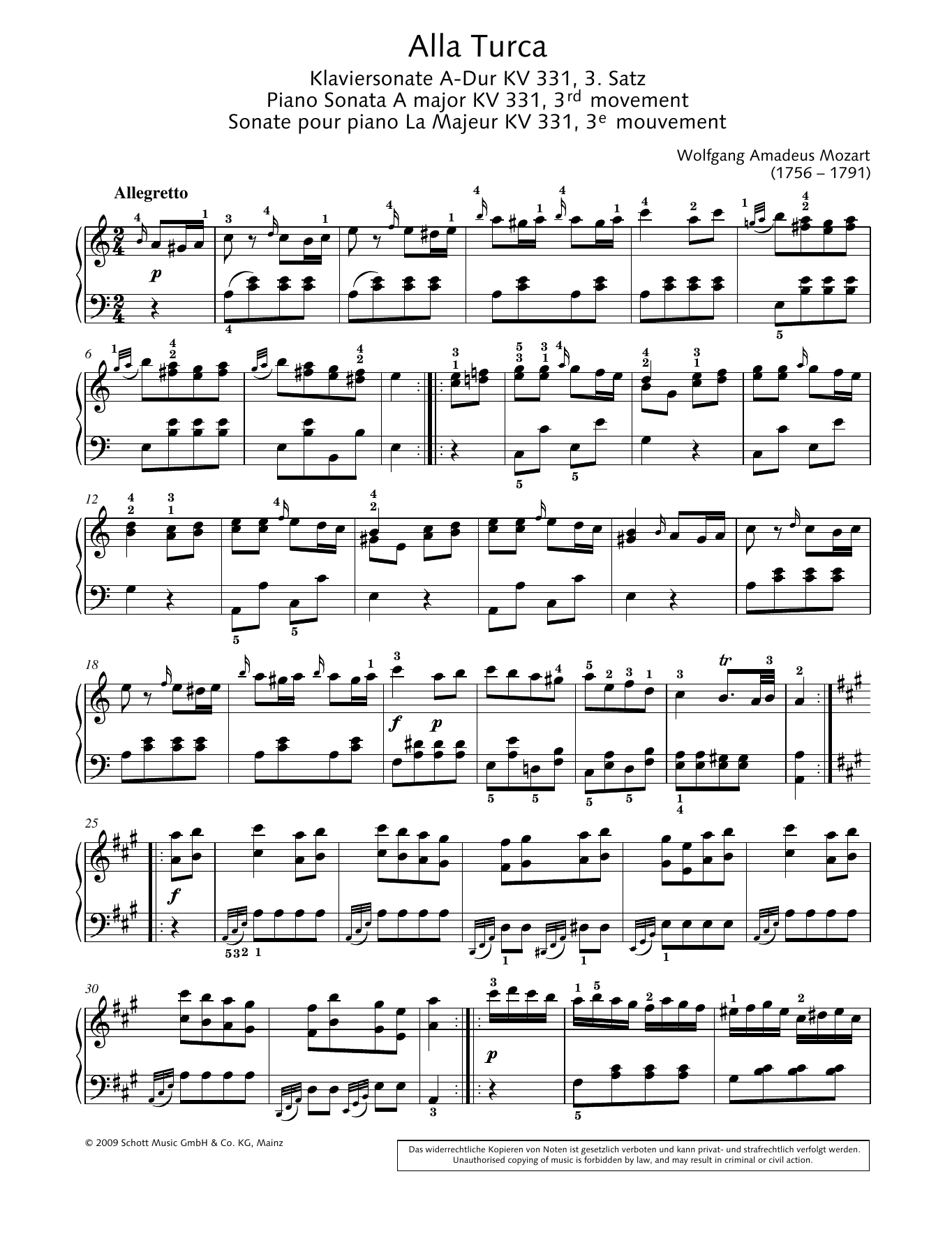 Wolfgang Amadeus Mozart Alla Turca Sheet Music Notes & Chords for Piano Solo - Download or Print PDF